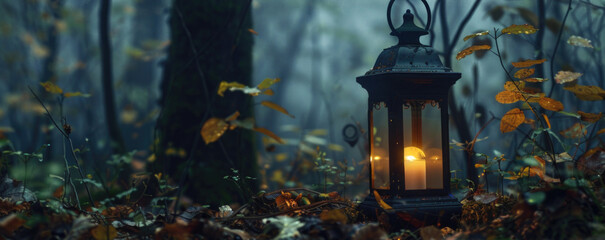 Sticker - A lantern is lit in the middle of a forest. Suitable for nature and outdoor concepts