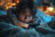 A comforting, serene image of a person under a fuzzy blanket about to enjoy a book in a dimly lit room with warm ambient lights