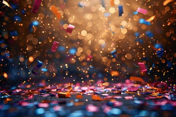 Poster - Festive ambiance as colorful confetti falls against a backdrop of glittering lights and the suggestion of a joyous event