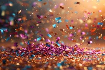 Poster - An image full of life and color, with festive confetti flying through the air, illuminated by golden twinkling lights