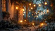 A serene view of a tranquil garden adorned with twinkling fairy lights and lanterns, casting a soft glow over the words 