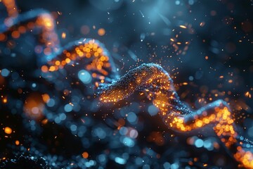 Poster - A visually striking 3D representation of a DNA helix highlighted with blue light against a dark background