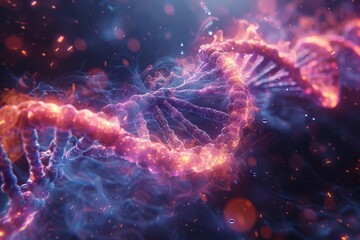 Poster - A high-resolution 3D render of a DNA double helix in bright neon pink and blue colors with sparks