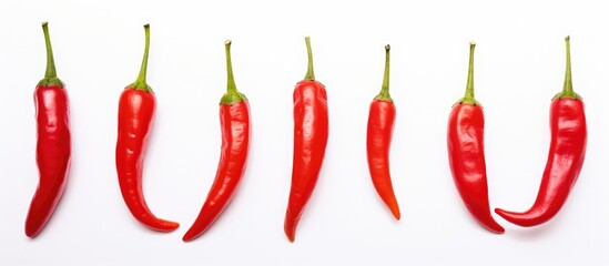 Fototapete - Red chilis in a row on white surface