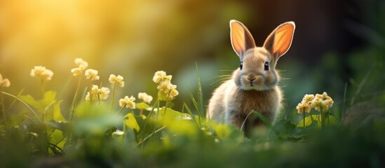 Poster - Rabbit in grass with background flowers