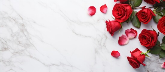 Fototapete - Roses on a marble surface with scattered petals