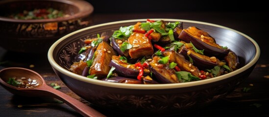 Leinwandbilder - Eggplant Dish with Savory Sauce in Rustic Bowl