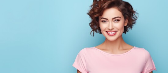 Poster - Woman in pink shirt smiling with short hair