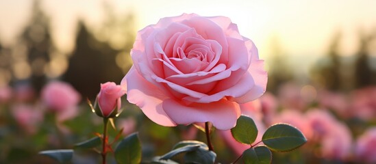 Poster - A beautiful pink rose blooms in a vast meadow