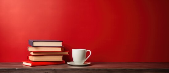 Poster - Stack of books beside coffee on wooden table