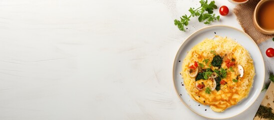 Leinwandbilder - Plate of vegetable omelet and tea