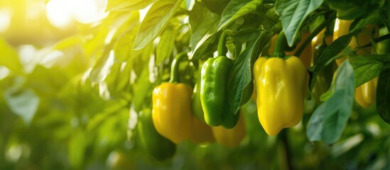 Poster - Green bell peppers hanging on tree under sunlight