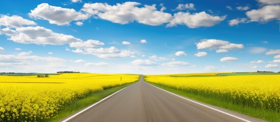 Poster - Road through blooming yellow fields under clear blue sky