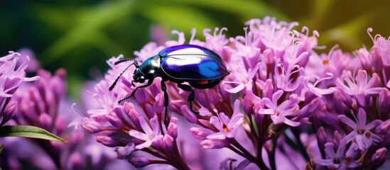 Aufkleber - Purple flowers hosting beetle under bright daylight