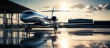 Fototapeta  - Private jet parked on apron with sunlight reflection