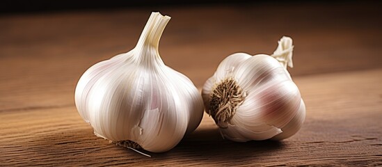 Aufkleber - Two garlic bulbs wooden table brown background