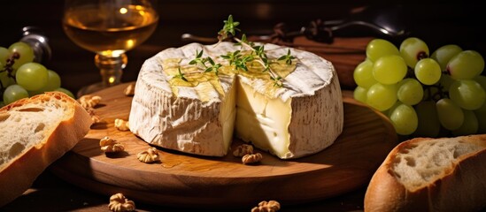 Poster - close-up of cheese and bread on wooden platter