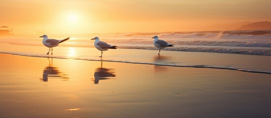 Aufkleber - Seagulls by beach sunset