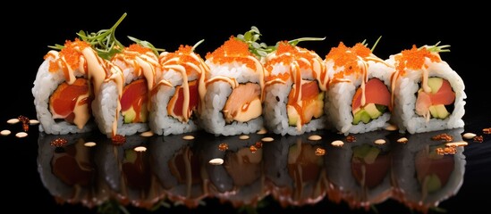 Poster - Sushi Roll Close-Up with Fresh Salmon, Creamy Avocado, and Delicious Sauce