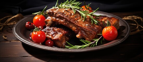 Aufkleber - Plate of beef and cherry tomatoes with rosemary