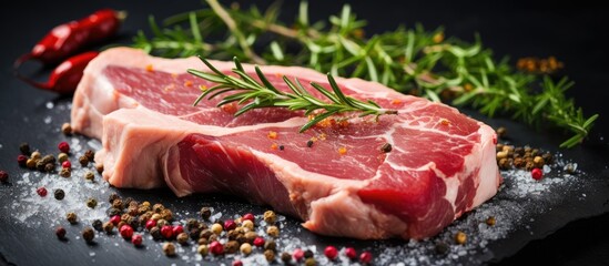 Aufkleber - Raw meats on black plate with rosemary and pepper
