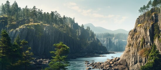 Poster - River flows rocky valley trees