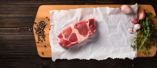 Aufkleber - Raw meat and garlic on cutting board