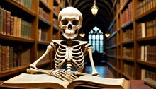 An Anatomical Skeleton Appears To Be Reading A Large Open Book In A Classic Library Setting, Suggesting A Whimsical Blend Of Education And Macabre. AI Generation