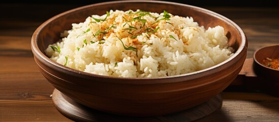 Aufkleber - Wooden plate holds rice and sauce