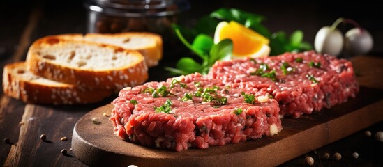 Aufkleber - Close-up of steak on wooden board with baguette and garlic
