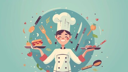 A happy woman chef in uniform holds a dish and cooks with cooking tools around her, in a flat illustration.
