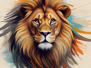 Amazing Illustration Art Abstract painting concept. Colorful artistic lion on lines and curves background. Animals. water color