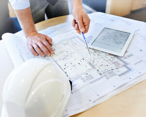 Poster - Project, architect and planning with tablet, design and hardhat for growth and development. Designer, professional and employee in engineering, management and career in office, workplace or job