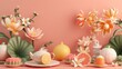 A 3D illustration of a Mid Autumn element set, including pomelo, Chinese tea set, osmanthus, rocks, mooncakes and lotus flowers.