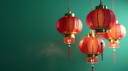 Canvas Print - Isolated on an emerald green background, luminous Chinese lanterns are displayed in 3D