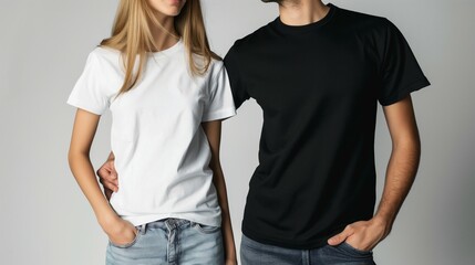 Wall Mural - T-shirt mockup, model posing in white and black t-shirts