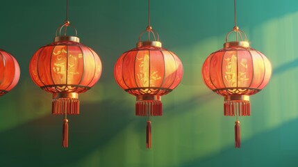 Wall Mural - The illustration shows luminous Chinese lanterns isolated on an emerald green background