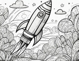 Fototapeta Zwierzęta - black and white sketch illustration mock-up of a space rocket starting, coloring book for a children's book, thin black outline image