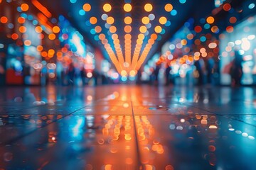 Aufkleber - bright city lights reflect dynamically on a shiny wet surface, offering a mesmerizing kaleidoscope o