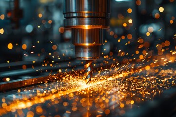 Poster - A high-speed industrial cutting tool generates a shower of orange sparks, showcasing manufacturing power