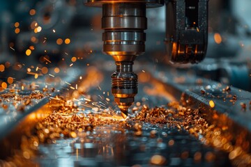 Poster - A milling machine processes a metal piece, surrounded by intensely glowing orange sparks, highlighting industrial progress
