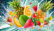 tropical fruits splash frozen in an abstract futuristic 3d texture isolated on a background, colorful background