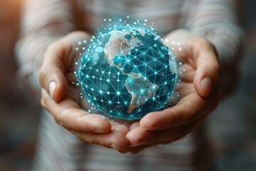 Poster - A person presents a holographic representation of the Earth, symbolizing global connection and technology