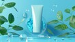 Advertisement for skin repairing cream with a tube product on a round glass disc with a dewdrop on a blue background.