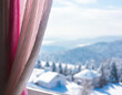 white background delicate soft color pink curtain on the window, in a blurred snow-white blur bokeh, snowfall design, blank, abstract