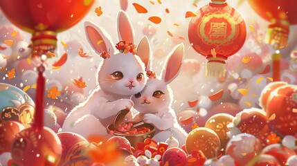 Wall Mural - A cute CNY illustration featuring fluffy bunnies playing around holiday foods and objects. Text: A jade rabbit welcomes the new year.