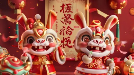 Wall Mural - On top is a scroll with Chinese blessings written in Chinese script. In the background are rabbits dressed in traditional costumes performing lion dances.