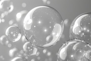 Poster - Transparent soap bubbles with shiny surfaces and light reflections, creating a dreamy and delicate concept image