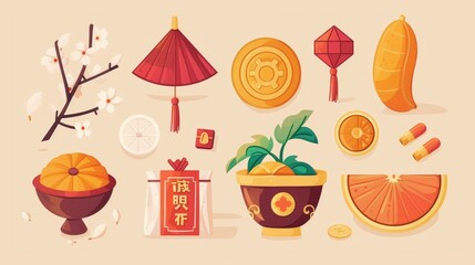 Wall Mural - On a beige background, traditional Chinese holiday objects are shown, including an orange, a blossom and a candy basket.
