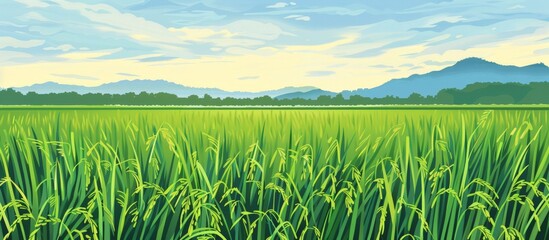 Canvas Print - Scenic painting depicting a vast field of rice with majestic mountains in the distance